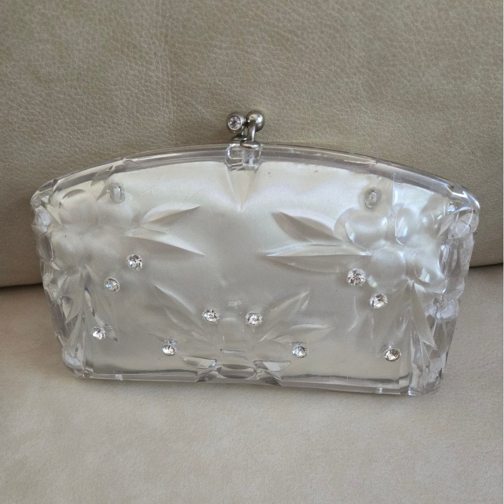 Vintage Clear Lucite Clutch Purse Carved Flowers Rhinestones Kiss Clasp Satin